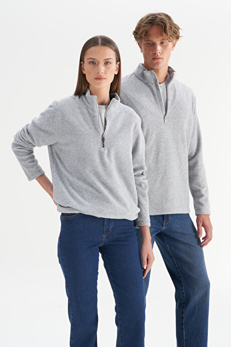 Anti-Pilling Tüylenme Yapmayan Standart Fit Bato Yaka Soğuk Geçirmez Sweatshirt Gri Melanj Polar resmi