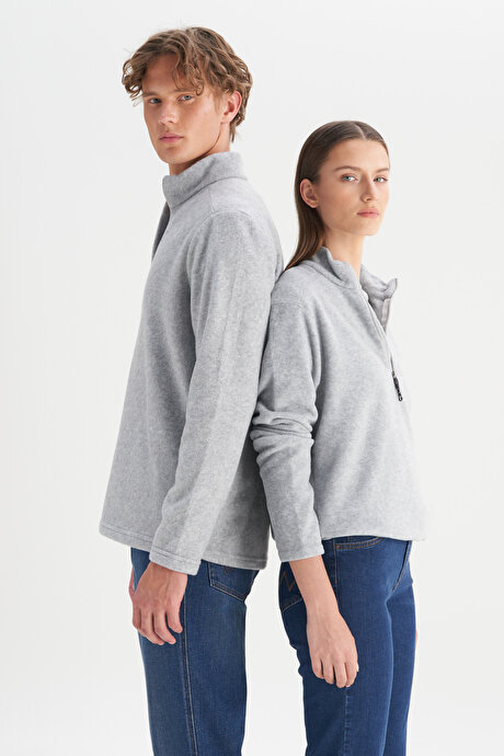 Anti-Pilling Tüylenme Yapmayan Standart Fit Bato Yaka Soğuk Geçirmez Sweatshirt Gri Melanj Polar resmi