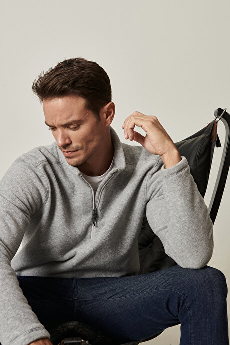 Anti-Pilling Tüylenme Yapmayan Standart Fit Bato Yaka Soğuk Geçirmez Sweatshirt Gri Melanj Polar resmi