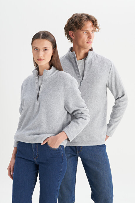 Anti-Pilling Tüylenme Yapmayan Standart Fit Bato Yaka Soğuk Geçirmez Sweatshirt Gri Melanj Polar resmi