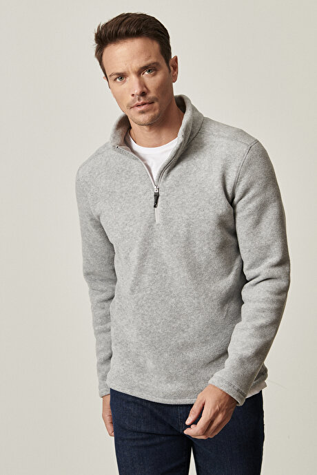 Anti-Pilling Tüylenme Yapmayan Standart Fit Bato Yaka Soğuk Geçirmez Sweatshirt Gri Melanj Polar resmi