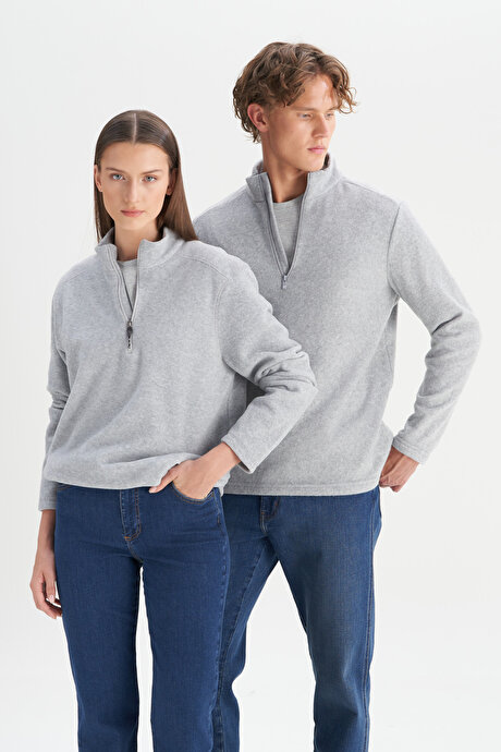 Anti-Pilling Tüylenme Yapmayan Standart Fit Bato Yaka Soğuk Geçirmez Sweatshirt Gri Melanj Polar resmi