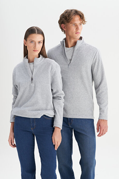 Anti-Pilling Tüylenme Yapmayan Standart Fit Bato Yaka Soğuk Geçirmez Sweatshirt Gri Melanj Polar resmi