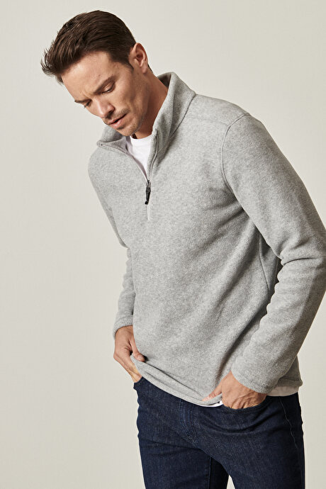 Anti-Pilling Tüylenme Yapmayan Standart Fit Bato Yaka Soğuk Geçirmez Sweatshirt Gri Melanj Polar resmi