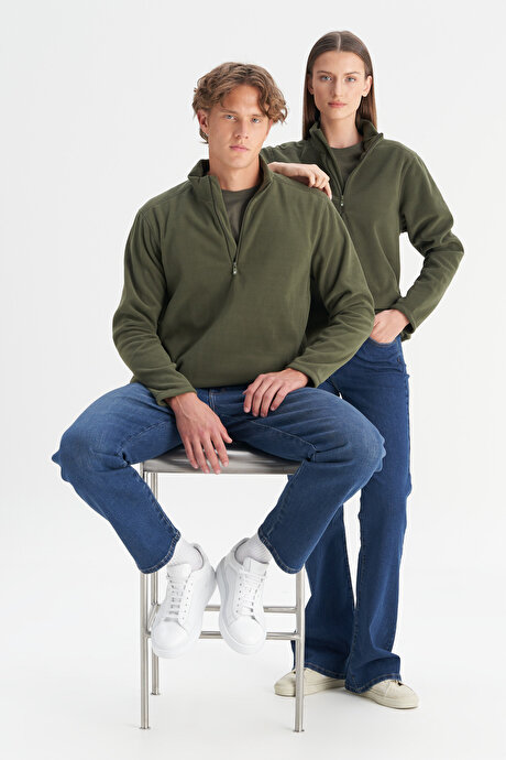 Anti-Pilling Tüylenme Yapmayan Standart Fit Bato Yaka Soğuk Geçirmez Sweatshirt Haki Polar resmi
