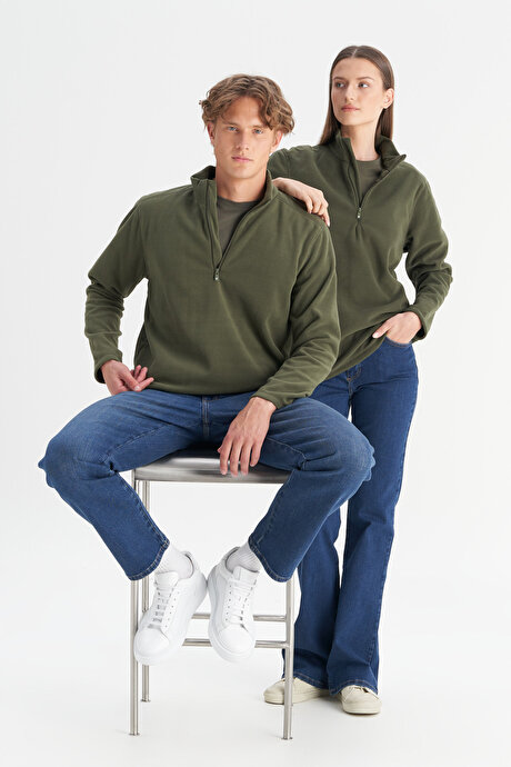 Anti-Pilling Tüylenme Yapmayan Standart Fit Bato Yaka Soğuk Geçirmez Sweatshirt Haki Polar resmi