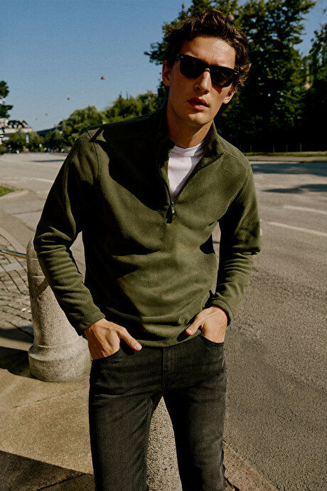 Anti-Pilling Tüylenme Yapmayan Standart Fit Bato Yaka Soğuk Geçirmez Sweatshirt Haki Polar resmi