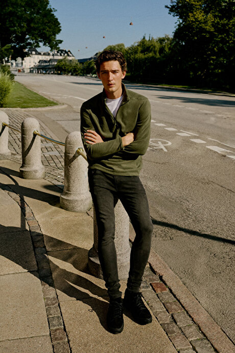 Anti-Pilling Tüylenme Yapmayan Standart Fit Bato Yaka Soğuk Geçirmez Sweatshirt Haki Polar resmi