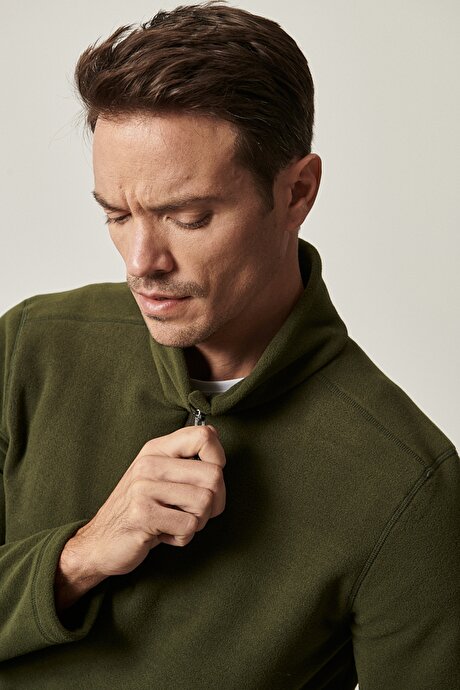 Anti-Pilling Tüylenme Yapmayan Standart Fit Bato Yaka Soğuk Geçirmez Sweatshirt Haki Polar resmi