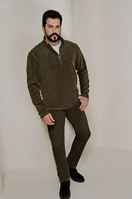 Anti-Pilling Tüylenme Yapmayan Standart Fit Bato Yaka Soğuk Geçirmez Sweatshirt Haki Polar resmi