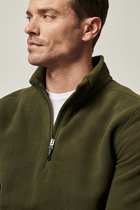 Anti-Pilling Tüylenme Yapmayan Standart Fit Bato Yaka Soğuk Geçirmez Sweatshirt Haki Polar resmi