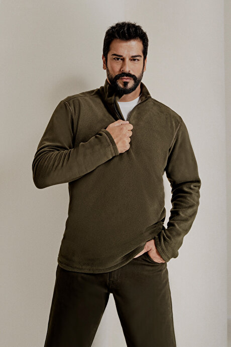 Anti-Pilling Tüylenme Yapmayan Standart Fit Bato Yaka Soğuk Geçirmez Sweatshirt Haki Polar resmi
