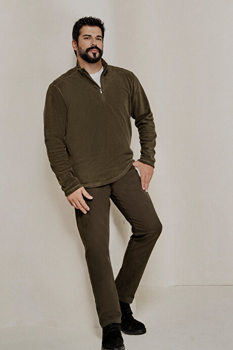 Anti-Pilling Tüylenme Yapmayan Standart Fit Bato Yaka Soğuk Geçirmez Sweatshirt Haki Polar resmi