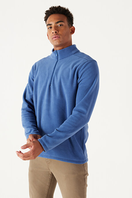 Anti-Pilling Tüylenme Yapmayan Standart Fit Bato Yaka Soğuk Geçirmez Sweatshirt İndigo Polar resmi