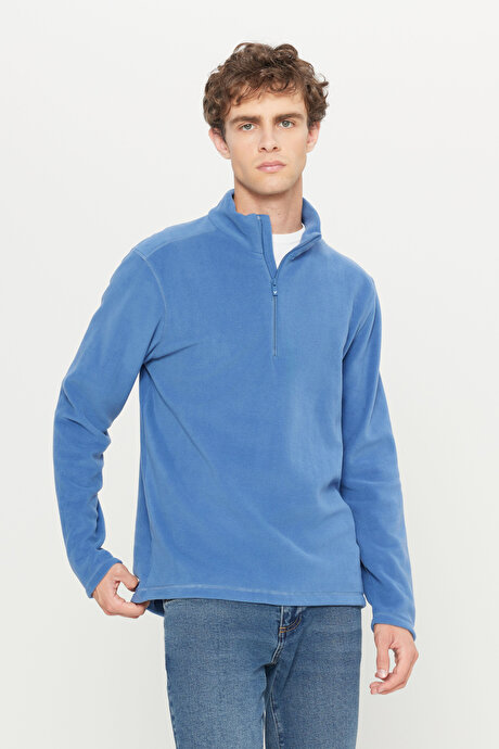 Anti-Pilling Tüylenme Yapmayan Standart Fit Bato Yaka Soğuk Geçirmez Sweatshirt İndigo Polar resmi