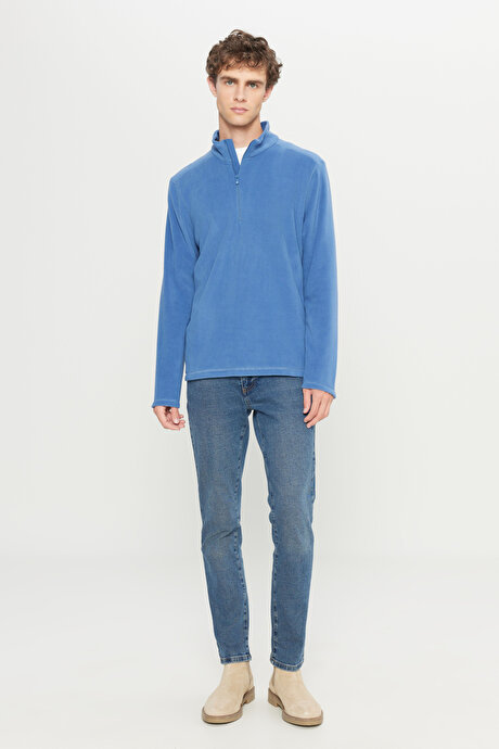 Anti-Pilling Tüylenme Yapmayan Standart Fit Bato Yaka Soğuk Geçirmez Sweatshirt İndigo Polar resmi