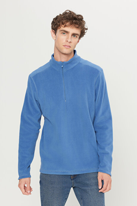 Anti-Pilling Tüylenme Yapmayan Standart Fit Bato Yaka Soğuk Geçirmez Sweatshirt İndigo Polar resmi
