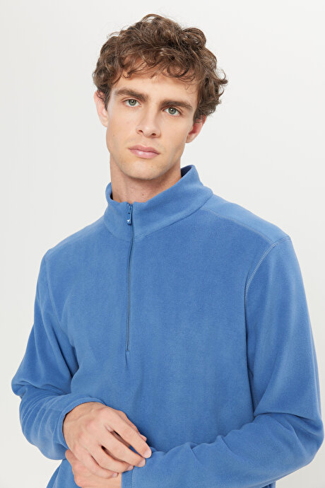 Anti-Pilling Tüylenme Yapmayan Standart Fit Bato Yaka Soğuk Geçirmez Sweatshirt İndigo Polar resmi