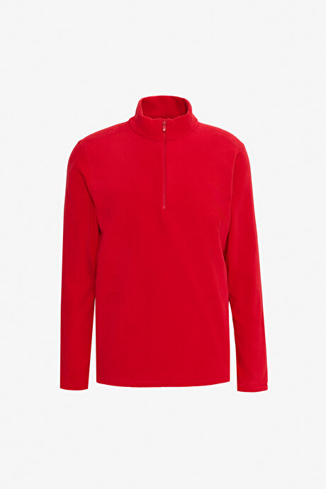 Anti-Pilling Tüylenme Yapmayan Standart Fit Bato Yaka Soğuk Geçirmez Sweatshirt Kırmızı Polar resmi