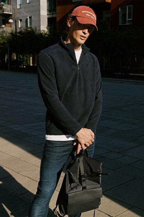 Anti-Pilling Tüylenme Yapmayan Standart Fit Bato Yaka Soğuk Geçirmez Sweatshirt Lacivert Polar resmi