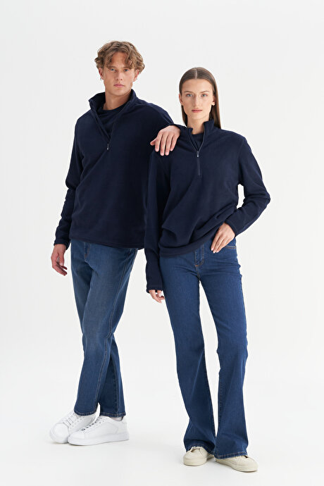 Anti-Pilling Tüylenme Yapmayan Standart Fit Bato Yaka Soğuk Geçirmez Sweatshirt Lacivert Polar resmi