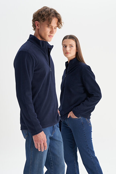 Anti-Pilling Tüylenme Yapmayan Standart Fit Bato Yaka Soğuk Geçirmez Sweatshirt Lacivert Polar resmi