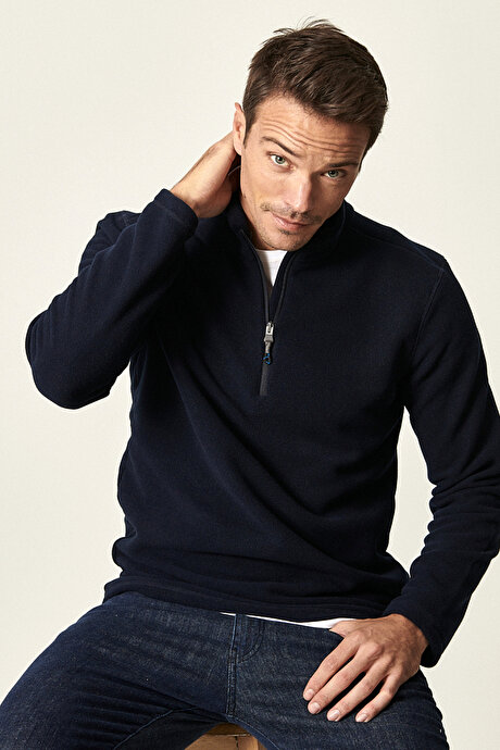 Anti-Pilling Tüylenme Yapmayan Standart Fit Bato Yaka Soğuk Geçirmez Sweatshirt Lacivert Polar resmi