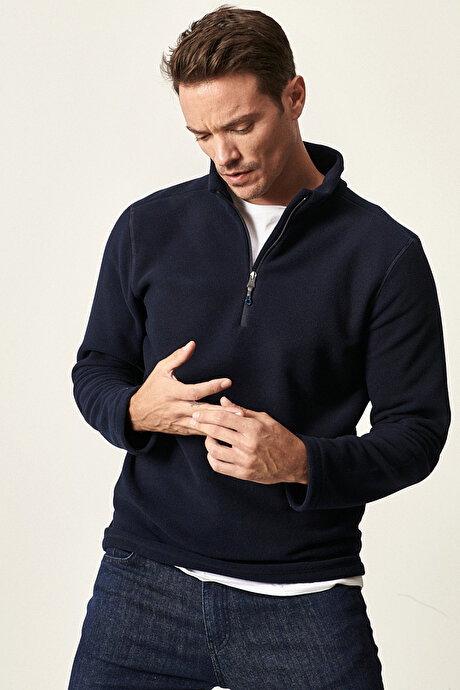 Anti-Pilling Tüylenme Yapmayan Standart Fit Bato Yaka Soğuk Geçirmez Sweatshirt Lacivert Polar resmi