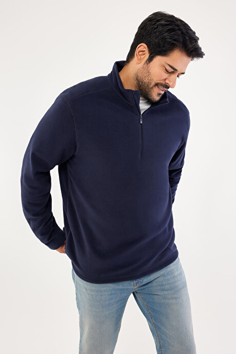 Anti-Pilling Tüylenme Yapmayan Standart Fit Bato Yaka Soğuk Geçirmez Sweatshirt Lacivert Polar resmi