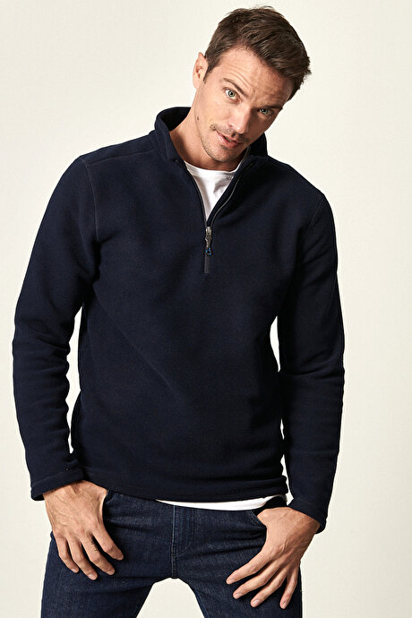 Anti-Pilling Tüylenme Yapmayan Standart Fit Bato Yaka Soğuk Geçirmez Sweatshirt Lacivert Polar resmi