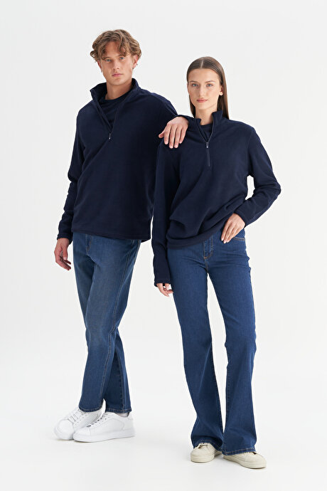 Anti-Pilling Tüylenme Yapmayan Standart Fit Bato Yaka Soğuk Geçirmez Sweatshirt Lacivert Polar resmi