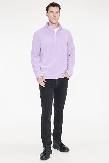 Anti-Pilling Tüylenme Yapmayan Standart Fit Bato Yaka Soğuk Geçirmez Sweatshirt Lila Polar resmi