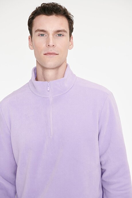 Anti-Pilling Tüylenme Yapmayan Standart Fit Bato Yaka Soğuk Geçirmez Sweatshirt Lila Polar resmi