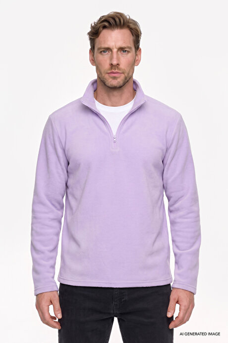 Anti-Pilling Tüylenme Yapmayan Standart Fit Bato Yaka Soğuk Geçirmez Sweatshirt Lila Polar resmi