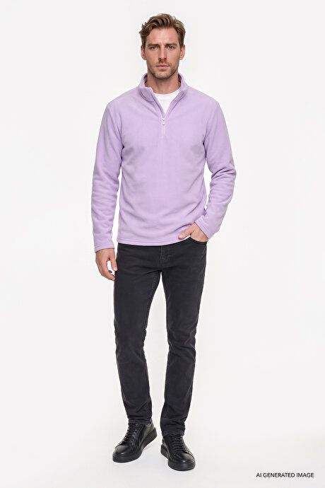 Anti-Pilling Tüylenme Yapmayan Standart Fit Bato Yaka Soğuk Geçirmez Sweatshirt Lila Polar resmi