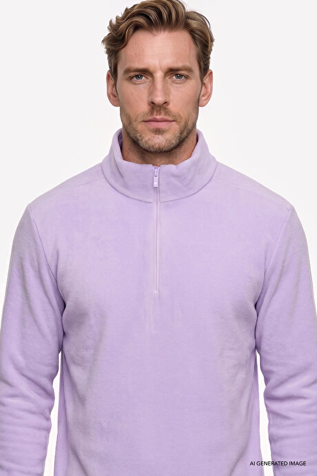 Anti-Pilling Tüylenme Yapmayan Standart Fit Bato Yaka Soğuk Geçirmez Sweatshirt Lila Polar resmi