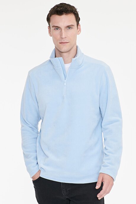 Anti-Pilling Tüylenme Yapmayan Standart Fit Bato Yaka Soğuk Geçirmez Sweatshirt Mavi Polar resmi