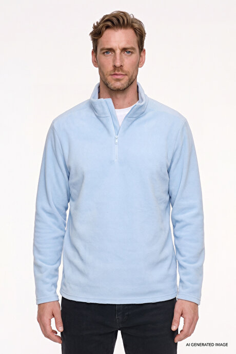 Anti-Pilling Tüylenme Yapmayan Standart Fit Bato Yaka Soğuk Geçirmez Sweatshirt Mavi Polar resmi