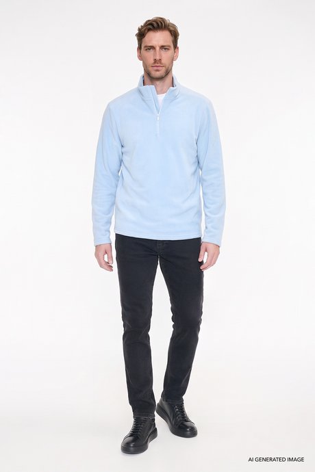 Anti-Pilling Tüylenme Yapmayan Standart Fit Bato Yaka Soğuk Geçirmez Sweatshirt Mavi Polar resmi