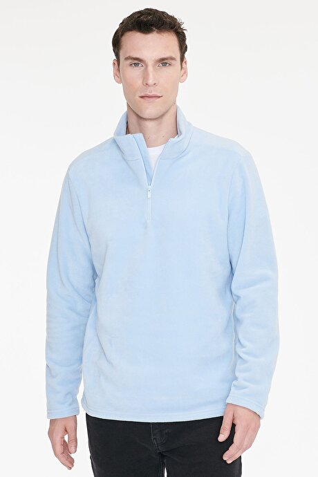 Anti-Pilling Tüylenme Yapmayan Standart Fit Bato Yaka Soğuk Geçirmez Sweatshirt Mavi Polar resmi