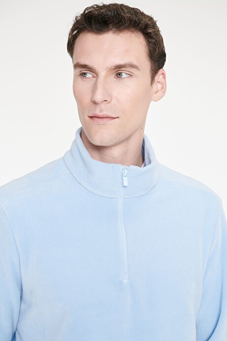 Anti-Pilling Tüylenme Yapmayan Standart Fit Bato Yaka Soğuk Geçirmez Sweatshirt Mavi Polar resmi
