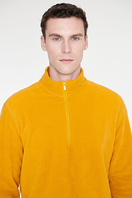 Anti-Pilling Tüylenme Yapmayan Standart Fit Bato Yaka Soğuk Geçirmez Sweatshirt Sarı Polar resmi