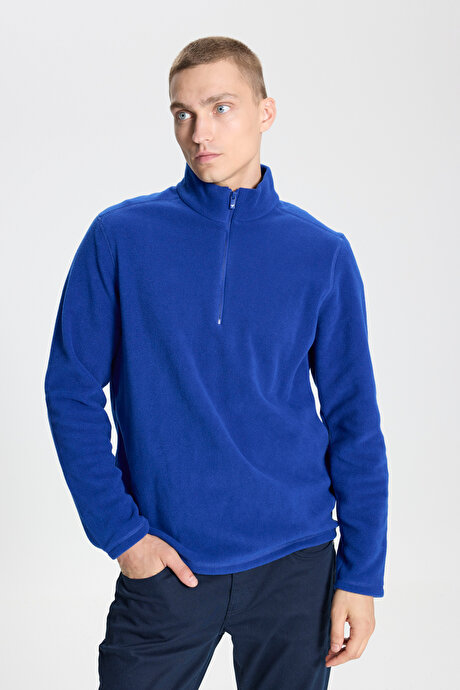 Anti-Pilling Tüylenme Yapmayan Standart Fit Bato Yaka Soğuk Geçirmez Sweatshirt Saks Polar resmi