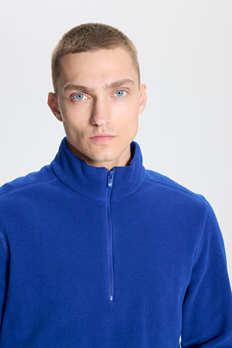 Anti-Pilling Tüylenme Yapmayan Standart Fit Bato Yaka Soğuk Geçirmez Sweatshirt Saks Polar resmi