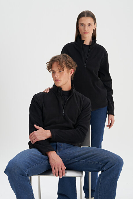 Anti-Pilling Tüylenme Yapmayan Standart Fit Bato Yaka Soğuk Geçirmez Sweatshirt Siyah Polar resmi