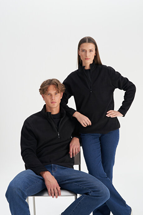 Anti-Pilling Tüylenme Yapmayan Standart Fit Bato Yaka Soğuk Geçirmez Sweatshirt Siyah Polar resmi
