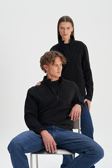 Anti-Pilling Tüylenme Yapmayan Standart Fit Bato Yaka Soğuk Geçirmez Sweatshirt Siyah Polar resmi