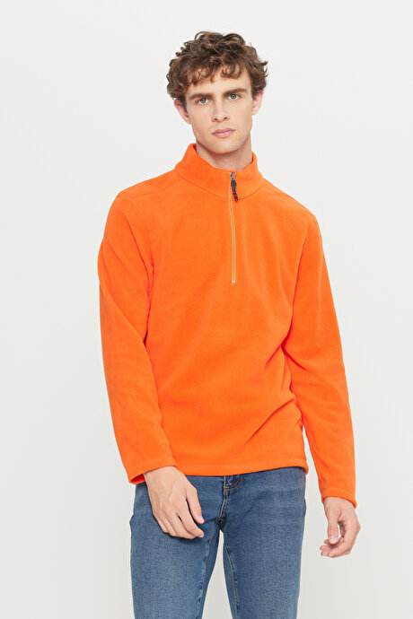 Anti-Pilling Tüylenme Yapmayan Standart Fit Bato Yaka Soğuk Geçirmez Sweatshirt Turuncu Polar resmi