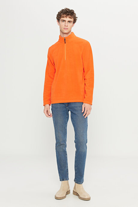 Anti-Pilling Tüylenme Yapmayan Standart Fit Bato Yaka Soğuk Geçirmez Sweatshirt Turuncu Polar resmi