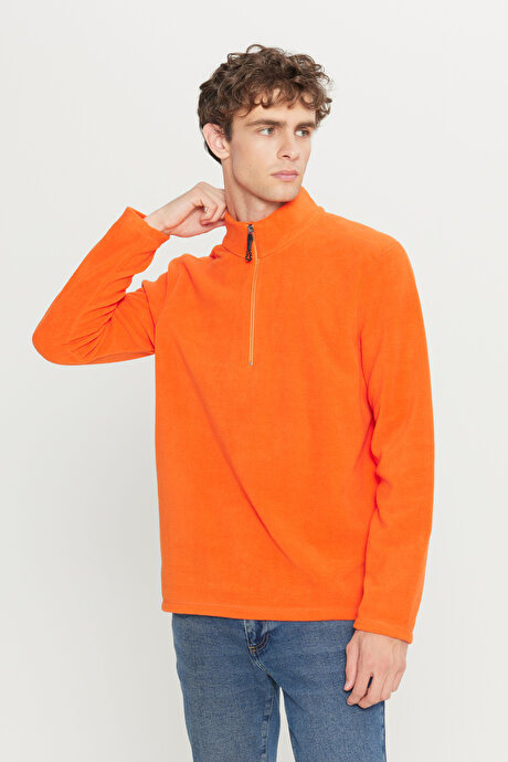 Anti-Pilling Tüylenme Yapmayan Standart Fit Bato Yaka Soğuk Geçirmez Sweatshirt Turuncu Polar resmi